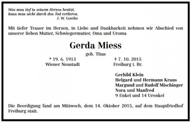 Titus Miess Gerda 1913-2015 Todesanzeige